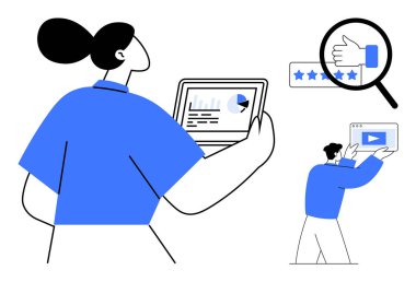 Tabletteki analizleri inceleyen bir kişi, video sunan bir diğeri ve yıldız reytingli büyütülmüş bir onay. Pazarlama, müşteri geribildirim, analiz, takım işbirliği, veri stratejileri için ideal