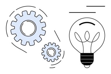 Takım çalışmasını, problem çözmeyi ve yenilikleri vurgulayan bir ampulün yanında büyük ve küçük vitesler. Teknoloji, yaratıcılık, beyin fırtınası, endüstri, mekanik fikirlerin icadı için ideal. Düz basit