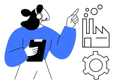 Kulaklık takmış bir işçi pano tutuyor, köpüklü ve dişli sembollü fabrika simgesini gösteriyor. Üretim, iş akışı, otomasyon, endüstri, yönetim, yenilik, basit iniş sayfası için ideal