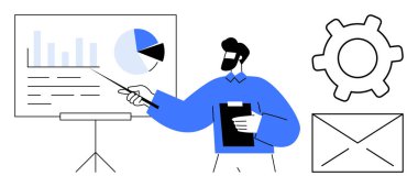 Elinde dosya olan adam, işaret çubuğu kullanarak beyaz tahtadaki verileri açıklıyor. Vites ve zarf simgeleri takım çalışması, üretkenlik, analiz, iletişim, planlama ve strateji kavramlarını vurgular. İdeal