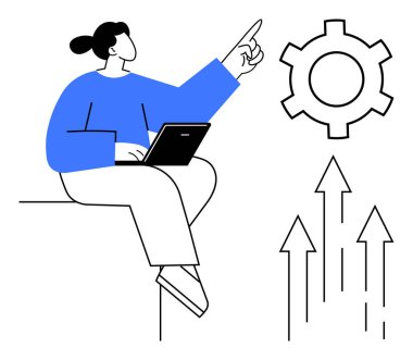 Dişlilere işaret ederken dizüstü bilgisayar kullanan bir kişi, ilerlemeyi ve yeniliği gösteren oklar. Üretkenlik, teknik yenilik, takım çalışması, hedef belirleme, iş büyümesi, analiz, basit