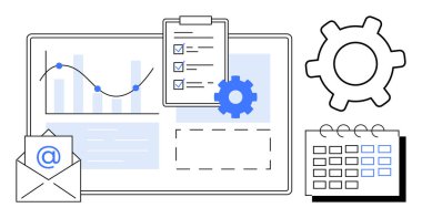 Verimliliği ve organizasyonu vurgulayan pano kontrol listesi, teçhizat, e-posta ve takvim. Verimlilik, planlama, takım çalışması, iş akışı kurulumu, görev yönetimi iletişimi için ideal