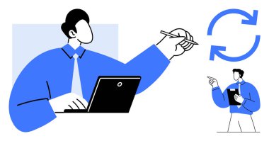 Dizüstü bilgisayarda çalışan, kalem tutan, takım oklarıyla iletişim kuran profesyoneller yinelemeyi, takım çalışmasını ve işbirliğini vurguladı. Yenilik, strateji, iş akışı, üretkenlik liderliği için ideal