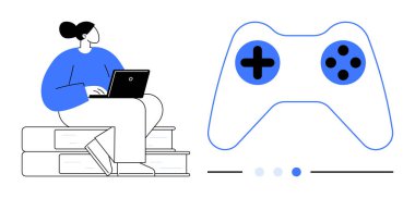 Kitapların üzerinde oturan bir kadın modern bir oyun kontrolörünün yanında çalışıyor. Eğitim, teknoloji, oyun, üretkenlik, yaratıcılık, yenilik, basit iniş sayfası için ideal