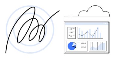 Bulut bağlantılı grafikler ve pasta grafiklerinin yanında el yazısıyla yazılmış dijital imza. Güvenlik, kimlik doğrulama, veri görselleştirme, iş analizi, uyum, bulut entegrasyonu, basit iniş