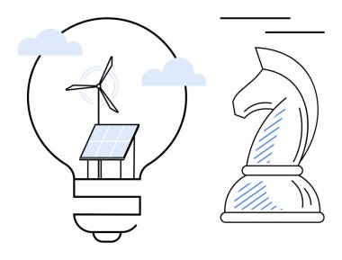 Ampulün içindeki güneş paneli ve rüzgar türbini, stratejiyi, yeniliği ve karar vermeyi sembolize eden satranç şövalyesi tarafından çevrelenmiş yenilenebilir enerjiyi vurgular. Sürdürülebilirlik, enerji ve planlama için ideal