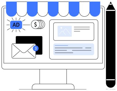 Çevrimiçi atölye arayüzü, reklam simgesi, e-posta uyarısı ve kırtasiye elemanlarıyla bilgisayar ekranı. E-ticaret, e-posta pazarlama, reklam, dijital araçlar, çevrimiçi iletişim işi için ideal basit