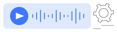 Mavi oynatma tuşu, ses dalgası çubuğu ve ses kontrolü için ayarlama dişlisi simgesi. Müzik uygulamaları, ses tasarımı, ses düzenleme, podcast platformları, ses asistanları, medya arayüzleri ve basit