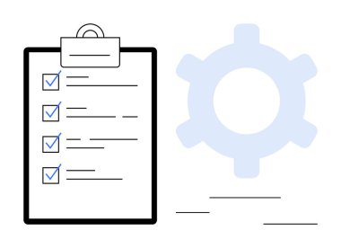 İşaretli görevlerin yanı sıra verimliliği, hedefleri ve verimliliği simgeleyen vites çizgili pano. Planlama, iş akışı, öncelik ayarı, organizasyon, iş yeri, optimizasyon dairesi için ideal