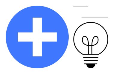 Mavi artı işareti, yaratıcılığı, fikirleri ya da yeniliği sembolize eden minimalist bir ampulün yanında eklenmeyi ya da büyümeyi öneriyor. Sağlık hizmetleri, çözümler, beyin fırtınası, takım çalışması, teknoloji için ideal