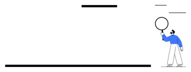 Mavili karakter bir büyüteç tutuyor, siyah çizgiler soyut bir düzen oluşturuyor. Araştırma, analiz, keşif, büyüme, problem çözme, merak, basit iniş sayfası için ideal