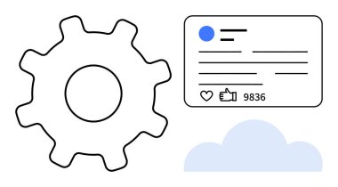 Sosyal medya kartının yanında, minimalist bir bulutun üzerinde sayım, kalp ve onay simgeleri olan bir vites simgesi. Teknoloji, sosyal medya, çevrimiçi işbirliği, sistem yapılandırması ve veri için ideal