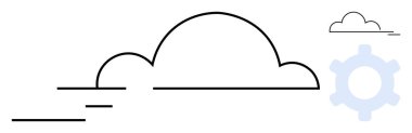 Bulutların ana hatları, soyut bulut hesaplama, yenilik ve dijital dönüşüm kavramlarını temsil eden bir dişli elementi. Teknoloji, veri, otomasyon, sistem entegrasyonu ve yazılım için ideal