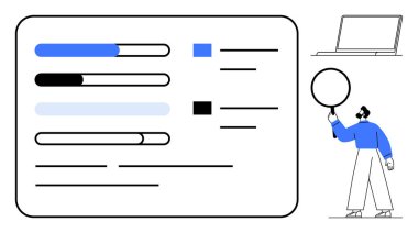Veri içgörülerini gösteren ilerleme çubukları, ayrıntıları büyüteçle inceleyen kişi ve köşede dizüstü bilgisayar. Analiz, metrik izleme, proje yönetimi, denetim, kullanıcı arayüzü, eğitim için ideal