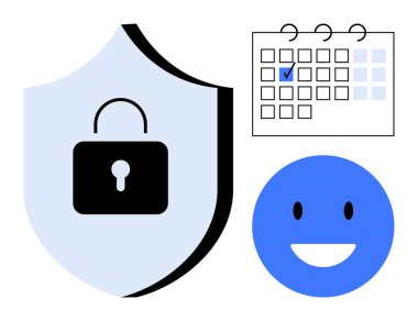 Kilitli kalkan güvenliği sağlar, belirli görevler için işaretli tarihi olan takvim, kullanıcı memnuniyeti için mutlu yüz. Gizlilik, güvenilirlik, planlama, tatmin, yönetim için ideal