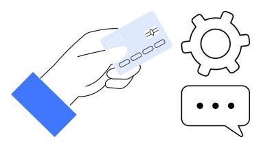 Ödemeyi temsil eden kredi kartı, sistem ayarları ve iletişim kurulduğunu gösteren konuşma baloncuklarıyla eşleştirilmiş. Finans, müşteri desteği, teknoloji entegrasyonu, bankacılık için ideal