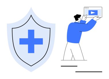 Elinde dijital tablet tutan adam kalkanın yanında tıbbi haç sembolü olan bir oyun düğmesi gösteriyor. Sağlık, teletıp, tıp eğitimi, çevrimiçi öğrenim, koruma, güvenlik ve basit iniş için ideal