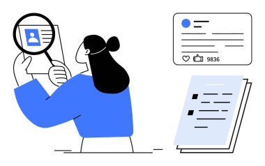 Büyüteç, belge yığını ve sosyal medya kartıyla profili inceleyen bir kadın. İşe alım, araştırma, analitik, markalaşma, kariyer rehberliği, basit iniş sayfası için ideal