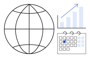 Izgara çizgileri olan dünya, yukarı doğru oklu ilerleme çubuğu ve işaretli tarihli takvim. Uluslararası iş, büyüme, planlama, analitik, istatistik başarı stratejisi için idealdir. Düz basit