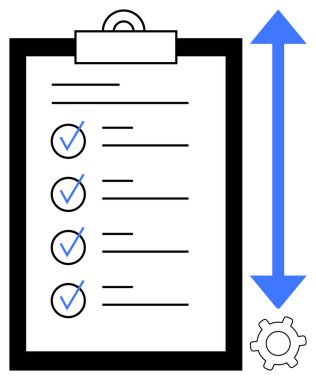 Listelenmiş görevleri, mavi işaretleri, dikey oku ve tamamlamayı, ilerlemeyi, optimizasyonu ve adaptasyonu simgeleyen teçhizatı simgeleyen pano. Planlama, üretkenlik iş akışı görev yönetimi için ideal