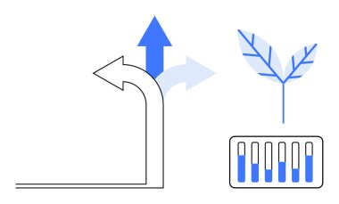 Yukarı doğru hareket eden kavisli ve düz oklar, modern yaprak tasarımı ve çizelge görselleştirmesi. Sürdürülebilirlik, yenilik, karar verme, ilerleme, eko-çözümler, büyüme stratejileri için ideal basit