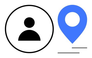 Profil simgesi mavi konum kodu ve çizgileriyle eşleştirildi, kullanıcı kimliği, konum, navigasyon, haritalama, kişiselleştirme, coğrafi tanımlama, UX tasarımı temsil ediliyor. Uygulama arayüzü için ideal