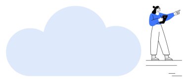 Büyük bir bulutun yanında işaret eden tabletli biri. Teknoloji, yenilik, veri depolama, uzak çalışma, bulut hesaplama, dijital dönüşüm ve basit bir iniş sayfası için ideal