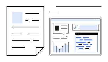 Arama çubuğu, analitik grafik ve içerik içeren detaylı bir bilgisayar ekranının yanında kağıt belge. Veri analizi, araştırma, SEO, bilgi yönetimi, bilgi paylaşımı, dijital