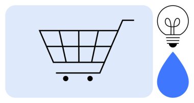 Ampullü ve su damlacıklı minimalist alışveriş arabası yenilik, koruma ve sürdürülebilir alışverişi simgeliyor. Eko-ticaret, perakende, yenilik, çevre ve sürdürülebilirlik için ideal