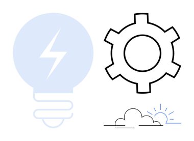 Elektrik sürgülü ampul, eylemler için teçhizat ve gündoğumu ana hatları yenilik, teknoloji ve ilerlemeyi simgeliyor. Yaratıcılık, mühendislik, girişimler, çözümler için ideal yenilenebilir enerji ekip çalışması