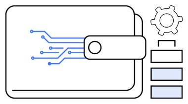 Devre çizgileri, teçhizatı ve organizasyonel unsurları olan cüzdan tasarımı. Fintech, engelleme zinciri, çevrimiçi ödeme, otomasyon, teknolojik yenilik dijital güvenlik kavramları için ideal. Düz basit metafor