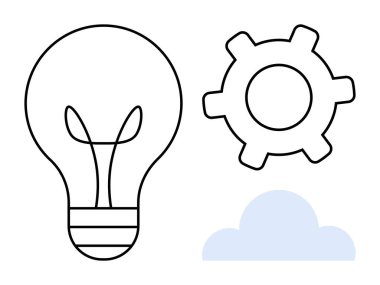 Ampul fikirleri, teçhizat teknolojiyi veya süreci simgeler ve bulut da soyut düşünceyi tasvir eder. Yenilik, yaratıcılık, beyin fırtınası, gelişim süreci, teknoloji, takım çalışması için ideal