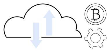 Veri alışverişini temsil eden okları olan bulut, kripto para birimi için Bitcoin logosu, işlem otomasyonu için teçhizat. Engelleme zinciri, veri paylaşımı, fintech, bulut depolama, kripto para birimi, merkezi olmayan