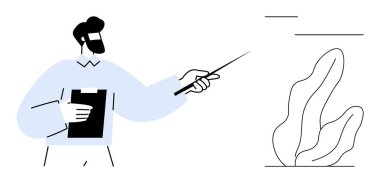 Sunum için işaret panosu kullanan bir adam. Eğitim, eğitim, analiz, koçluk, kurumsal iletişim, strateji, basit iniş sayfası için ideal