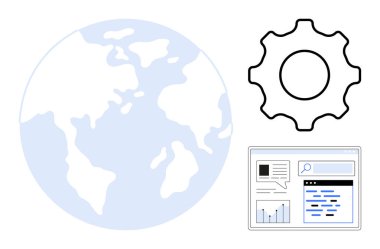 Küresel erişimi vurgulayan, optimizasyon için teçhizat ve veri ve teknolojiyi temsil eden web sayfası. Teknoloji, ağ oluşturma, optimizasyon, küresel ulaşım, dijital pazarlama, iş dünyası için ideal