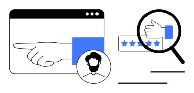 Bir tarayıcı ekranında el işareti, yıldız notu büyüteç altında, kullanıcı profili illüstrasyonu. Geribildirim, inceleme, kullanıcı deneyimi, tatmin, değerlendirme, analiz düzlüğü için ideal