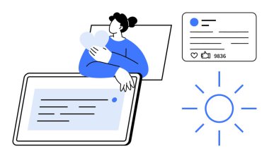 Kalbi kucaklayan biri, büyük bir tablet, yazılı, sosyal medyada baş parmağı olan, ışıl ışıl güneş. Sosyal bağlantı, teknoloji, iletişim, kullanıcı etkileşimi, pozitif kendini ifade etmek için ideal