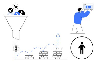 Gelir elde etmek için izleyicileri süzen huni, video içeriği tutan adam, oklu büyüme tablosu, insan simgesi. Pazarlama, analitik, dönüşüm, satış stratejisi, iş büyüme içeriği için ideal