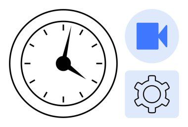 Saati, video simgesini ve zamanlamayı, iletişimi ve yapılandırmayı sembolize eden teçhizatı gösteren saat. Üretkenlik, zaman yönetimi, takım çalışması, teknoloji dijital araçlar verimliliği için idealdir.