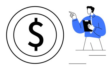 Elinde bir pano tutan ve işaret eden bir iş adamının yanında büyük bir para. Finans, yatırım, bütçe planlaması, danışmanlık, ekonomik büyüme, muhasebe ve başarı fikirleri için ideal. Düz basit metafor