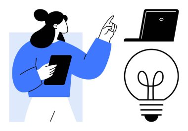 Elinde tablet tutan, dizüstü bilgisayarı ve ampulü işaret eden, yaratıcılığı, teknolojiyi, beyin fırtınasını, eğitimi, karar vermeyi, dijital öğrenmeyi sembolize eden bir kadın. Yenilikçi takım çalışması için ideal