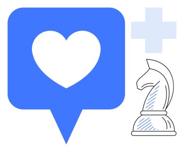 Kalp sohbet balonunda, satranç şövalyesi taşı, tıbbi haç. Strateji, sağlık, iletişim, takım çalışması, bakım kararı bağlantıları için idealdir. Kalın düz metafor