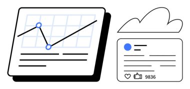 Tabletteki çizgi grafiği, yanında bir bulut simgesi ve başparmak ve yorumları gösteren bir sosyal medya kartı var. Veri takibi, analitik, sosyal medya, bulut depolama, teknolojik çözümler, iş