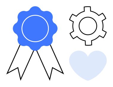 Çift kuyruklu mavi kurdele, çizgili çark ve yumuşak mavi kalp. Kalite, yenilik, hizmet, başarı, takım çalışması, müşteri memnuniyeti için ideal basit iniş sayfası