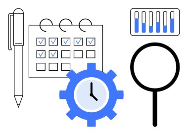 Kalem, kontrol işaretli takvim, mavi saat dişlisi, büyüteç, ve bar çizelgesi vurgulama organizasyonu, zamanlama, analiz ve zaman yönetimi. Verimlilik planlaması için ideal.