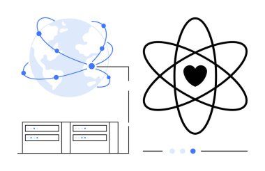 Birbirine bağlı düğümleri, veri sunucuları ve kalp içeren atomik yapısı olan bir dünya. Teknoloji, ağ, bilim, küresel bağlantı, iletişim, yenilik ve basit bir iniş sayfası için ideal