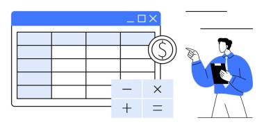 Dolar işareti büyüteci, hesap makinesi sembolleri ve pano işaretli kişi olan hesap tablosu şebekesi. Finans, veri analizi, bütçe hesaplama, muhasebe ve yatırım eğitimi için ideal. Düz