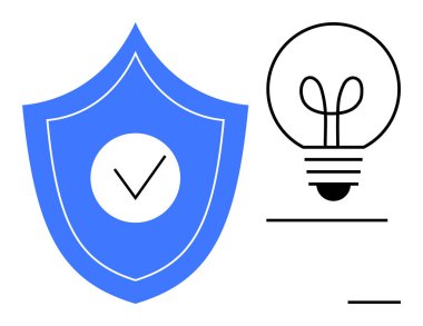 İşaretli kalkan ve parlayan ampul. Siber güvenlik, yaratıcılık, yenilik, koruma, teknoloji, veri güvenliği, problem çözme için idealdir. Minimalist düz metafor