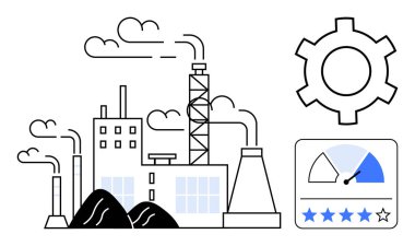 Duman çıkaran fabrika binaları, işlemleri sembolize eden dişliler, performans göstergesi ve kalite derecelendirme yıldızları. Enerji, üretim, çevre, verimlilik, üretim teknolojisi için ideal