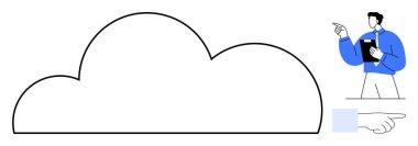 Bulut ana hatları mavi çizgili ve elinde pano tutan bir adam. Yanında da el hareketi var. Teknoloji, yenilik, bulut depolama, çevrimiçi hizmetler, takım çalışması, veri paylaşımı için ideal. Düz